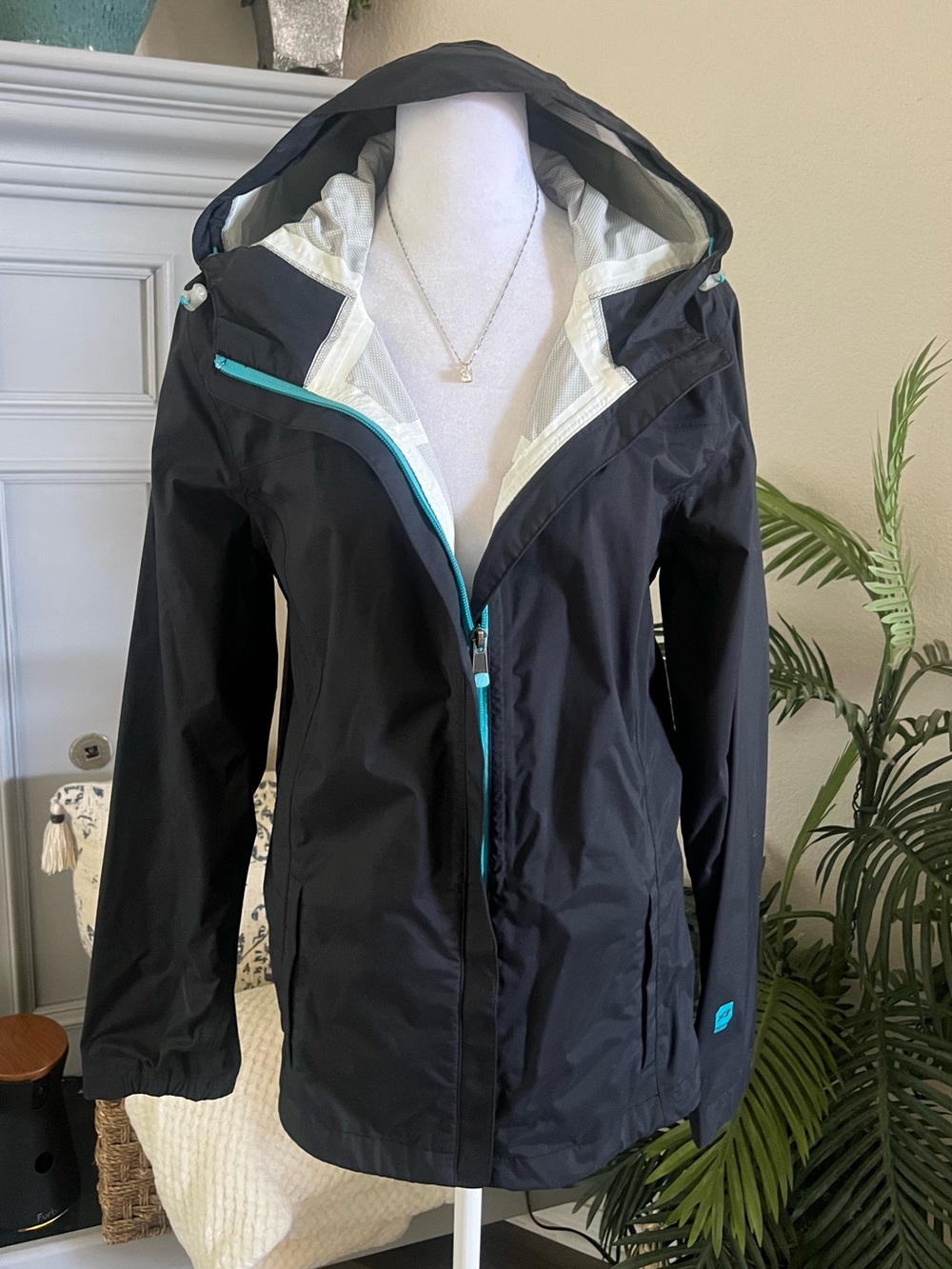 Orage Black Hooded Utility Jacket with Teal Zipper Trim